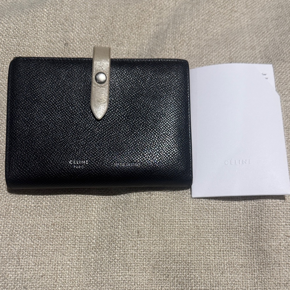 CELINE LIKE NEW Black and Tan Leather Wallet with Silver Strap